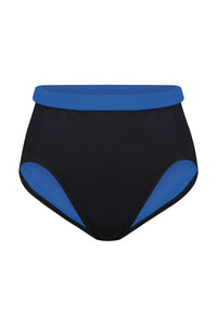 A ghost image of the front of a pair of Davy J sustainable waterwear black and blue high waisted bikini briefs on a white background 