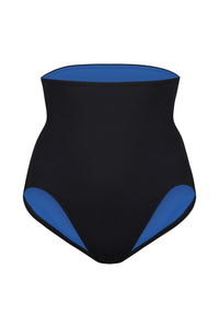 A ghost image of the front of a pair of Davy J sustainable waterwear black and blue high waisted bikini briefs with the waist rolled the whole way up on a white background 
