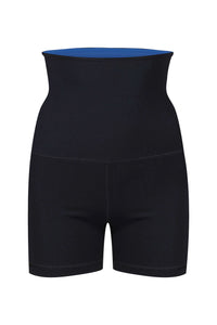 A ghost image of the front of a pair of Davy J sustainable waterwear black and blue high waisted swim shorts on a white background 
