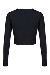 A ghost image of the back of a Davy J sustainable waterwear black long sleeve swim top on a white background 