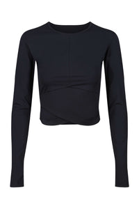 A ghost image of the front of a Davy J sustainable waterwear black long sleeve swim top on a white background 