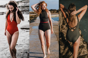 Three images together, the first of a woman walking across a beach wearing a low cut red swimsuit, the second a lady walking along the side of an outdoor pool wearing a black and red bikini top and bottom and the third, a behind shot of a lady wearing an olive swimsuit with crossback climbing over rocks