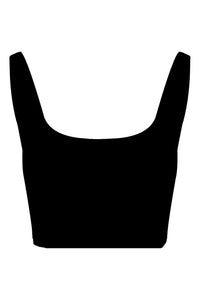 A flat lay front view image of a Davy J Sustainable Waterwear cropped black swim top with a squared neckline and shoulder straps