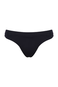 A flat lay image of the front view of a pair of Davy J Sustainable Waterwear black low rise bikini briefs 