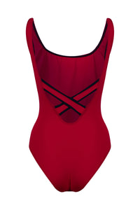 Back view of Davy J Sustainable Waterwear red classic swimsuit with cross back, on white background
