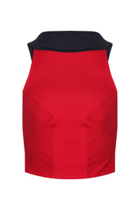 Front view of Davy J Sustainable Waterwear red high neck halter swim top with black standing collar