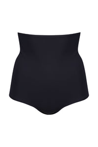 Front view of Davy J Sustainable Waterwear black high waist bikini briefs, on white background