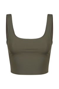 A ghost image of the front of an olive Davy J sustainable waterwear body swim top