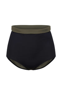 A ghost image of the front of a pair of black and olive Davy J sustainable waterwear bikini briefs on a white background