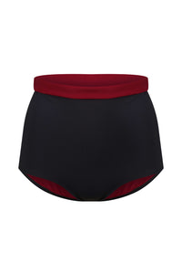 A ghost image of the front of a pair of black and red Davy J sustainable waterwear bikini briefs on a white background