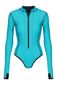 A front view flat lay image of a Davy J Sustainable Waterwear ocean green long sleeve swimsuit with zip detail