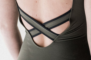 A close up of a crossback detail on an olive Davy J Sustainable Waterwear swimsuit