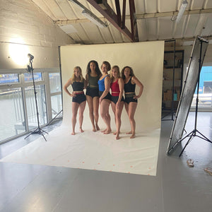 Photoshoot in Davy J Studio in Plymouth, Devon. Image shows five women wearing Davy J sustainable swimwear and posing together in a group shot for the camera