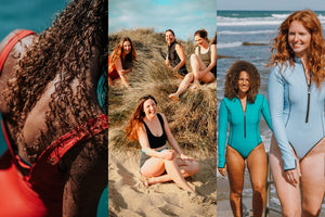 Three images together, the first a lady with long brown curly hair wearing a red swimsuit, the second a group of young ladies sat in sand dunes laughing and the third two women wearing long sleeved swimsuits walking up steps out of the sea