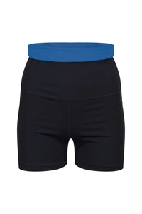 A ghost image of a pair of black Davy J sustainable waterwear shorts with a blue turned down waistband