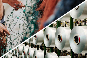 A split image of a woman holding bits of fishing nets in one corner and bobbins with white thread on in the other.