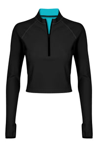 A front view flat lay image of a Davy J Sustainable Waterwear ocean green long sleeve swim top black side out with a half zip