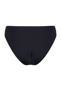A flat lay image of the back view of a pair of Davy J Sustainable Waterwear black low rise bikini briefs 