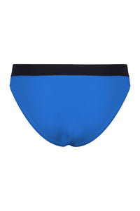 A flat lay image of the back view of a pair of Davy J Sustainable Waterwear blue low rise bikini briefs with black waist band