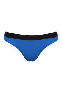 A flat lay image of the front view of a pair of Davy J Sustainable Waterwear blue low rise bikini briefs with black waistband