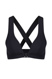 A flat lay image of the front of a Davy J Sustainable Waterwear black bikini top with front opening clasp and crossback design 