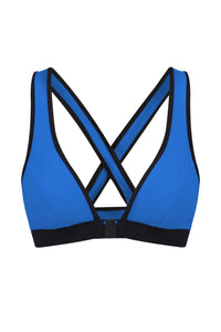 A flat lay image of the front view of a Davy J Sustainable Swimwear blue bikini top with black front opening clasp and band and crossback design