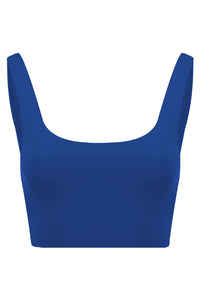 A front view flat lay image of a Davy J Sustainable Waterwear cropped swim top with squared neckline and shoulder straps