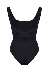 Back view of Davy J Sustainable Waterwear classic swimsuit with cross back, on white background 