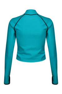 A back view flat lay image of a Davy J Sustainable Waterwear ocean green long sleeve swim top 