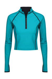 A front view flat lay image of a Davy J Sustainable Waterwear ocean green long sleeve swim top with a half zip