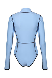 A back view flat lay image of a Davy J Sustainable Waterwear powder blue long sleeve swimsuit with full zip 