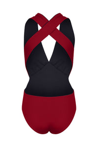 Back view of red Davy J Sustainable Waterwear cutout swimsuit with plunge neckline and wide cross back straps, on white background
