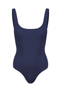Front view of Davy J Sustainable Waterwear navy classic swimsuit with squared neckline, on white background