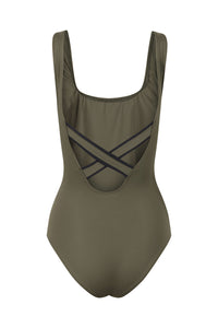 Back view of Davy J sustainable waterwear olive green classic crossback swimsuit on white background