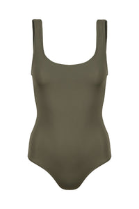 Front view of Davy J sustainable waterwear olive green classic crossback swimsuit on white background
