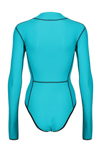A back view flat lay image of a Davy J Sustainable Waterwear ocean green long sleeve swimsuit 