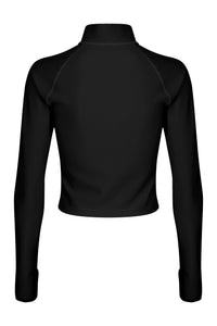 A back view flat lay of a Davy J Sustainable Waterwear black long sleeve swim top