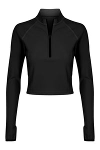 A front view flat lay of a Davy J Sustainable Waterwear black long sleeve swim top with a zip partially undone