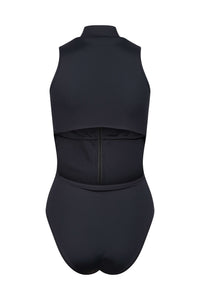 A ghost image of the back of a black Davy J sustainable waterwear zip up swimsuit on a white background