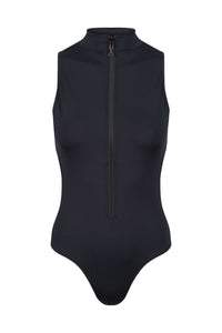 A ghost image of the front of a black Davy J sustainable waterwear zip up swimsuit on a white background