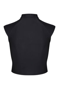 A back facing flat lay image of a Davy J Sustainable Waterwear black short sleeve swim top