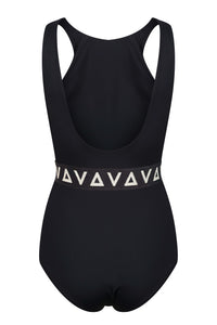 Back view of Davy J Sustainable Waterwear black swimsuit with high neck racer front, low squared back and black elastic belt with repeated white triangle logo.