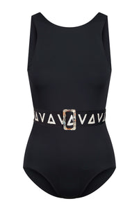 Front view of Davy J Sustainable Waterwear black swimsuit with high neck racer front and black elastic belt with repeated white triangle logo and multi coloured rectangular buckle