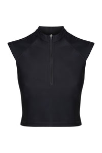 A front facing flat lay image of a Davy J Sustainable Waterwear black short sleeve swim top with half zip pulled up